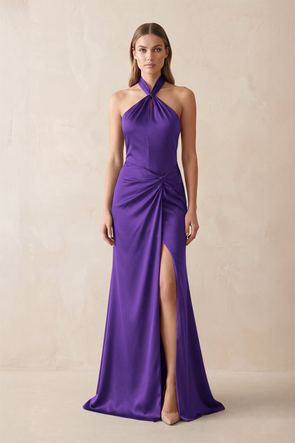 Halter Ruched Sheath Satin Bridesmaid Dress in Amethyst