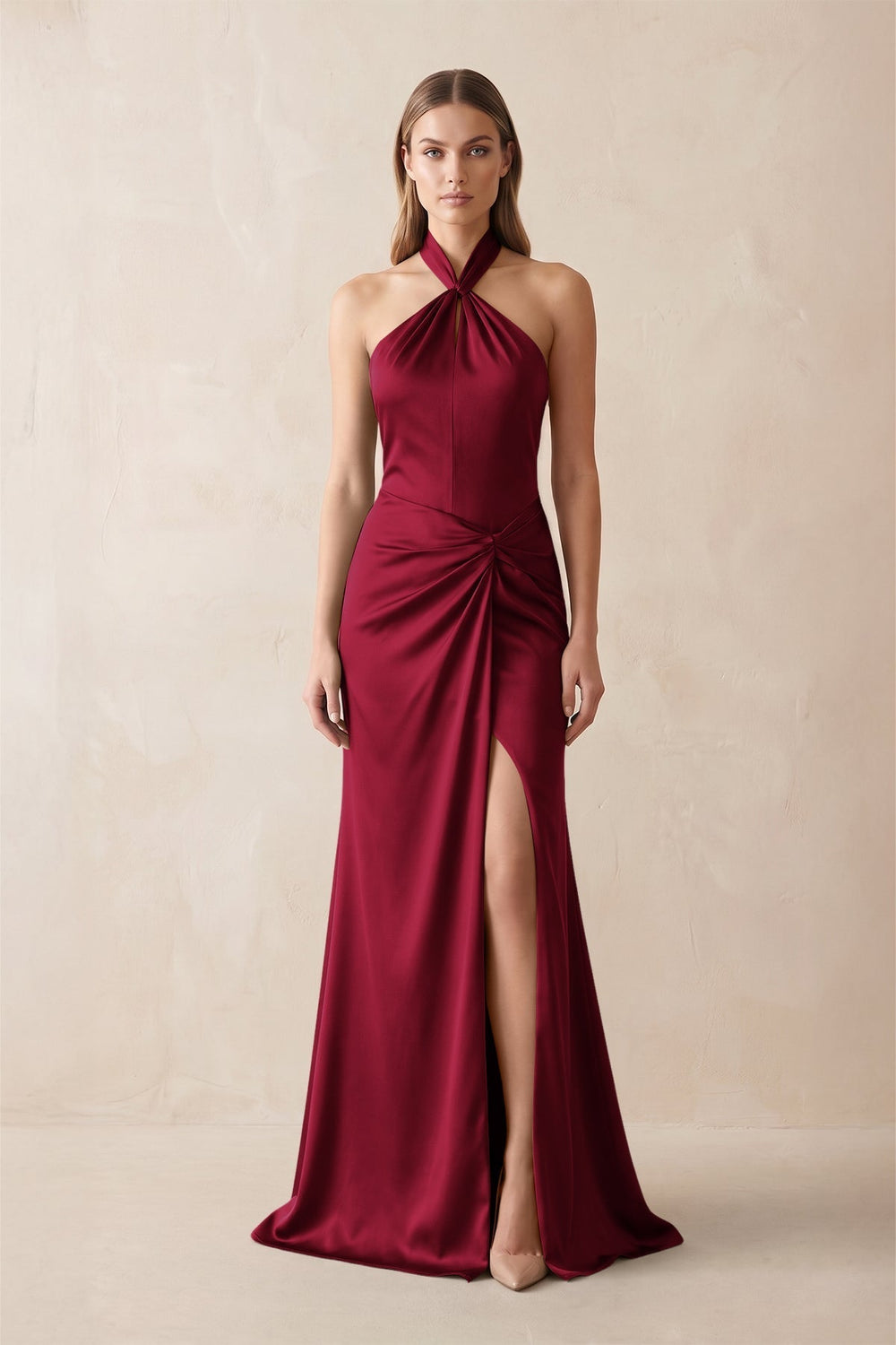 Halter Ruched Sheath Satin Bridesmaid Dress in Berry