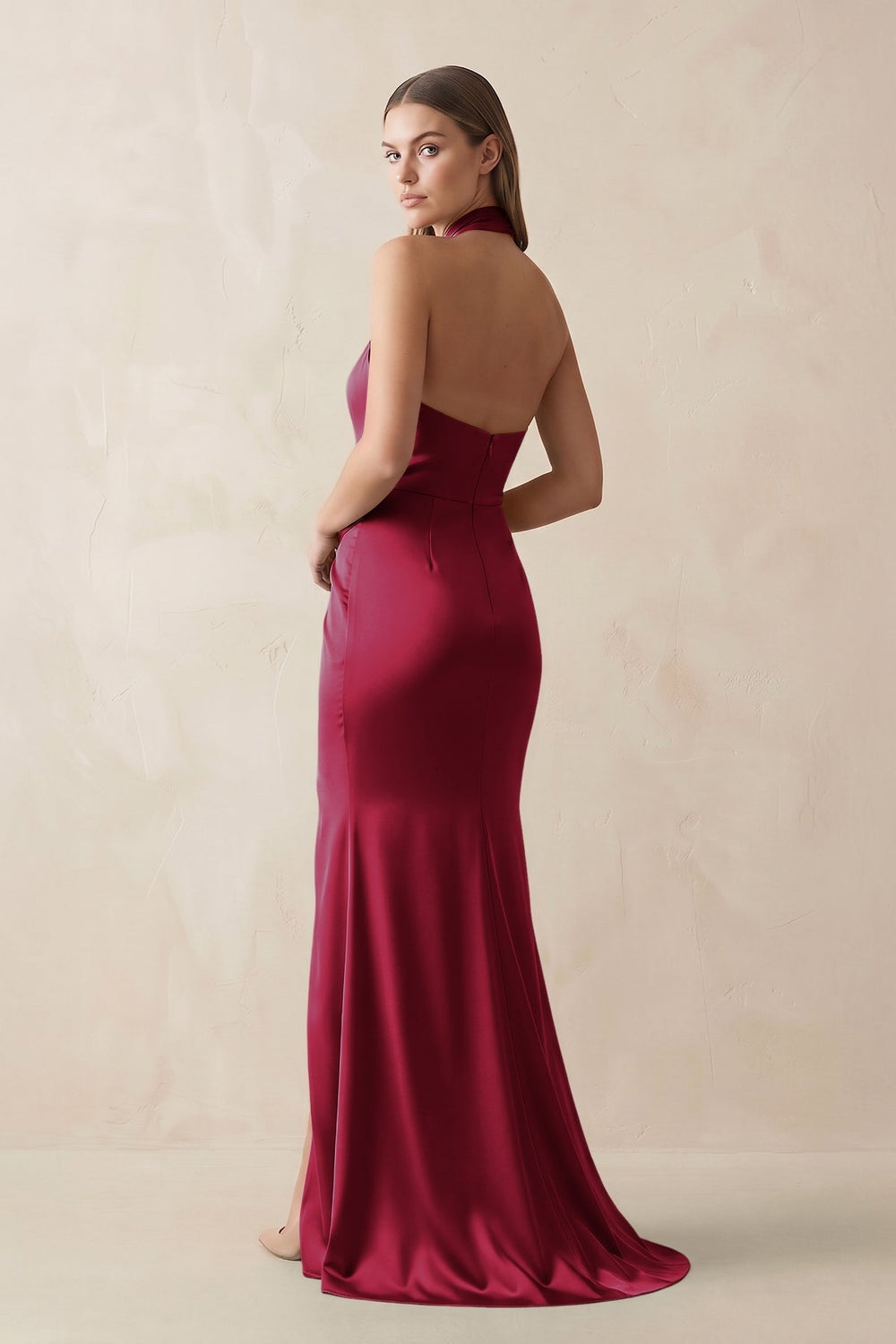 Halter Ruched Sheath Satin Bridesmaid Dress in Berry