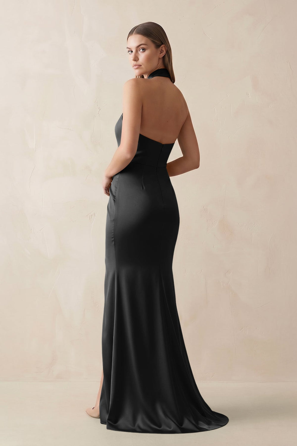 Halter Ruched Sheath Satin Bridesmaid Dress in Black