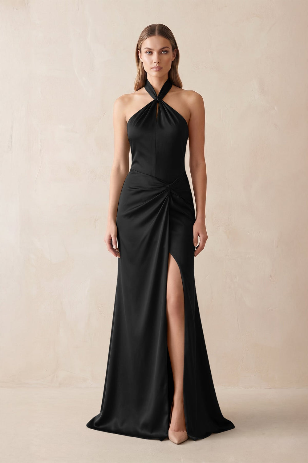 Halter Ruched Sheath Satin Bridesmaid Dress in Black