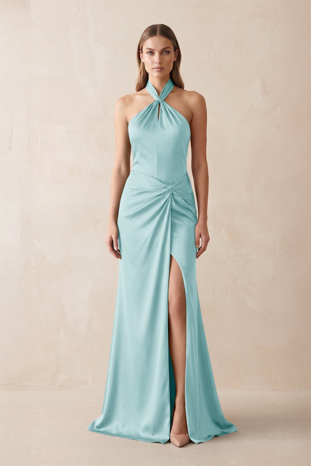 Halter Ruched Sheath Satin Bridesmaid Dress in Bleached Aqua