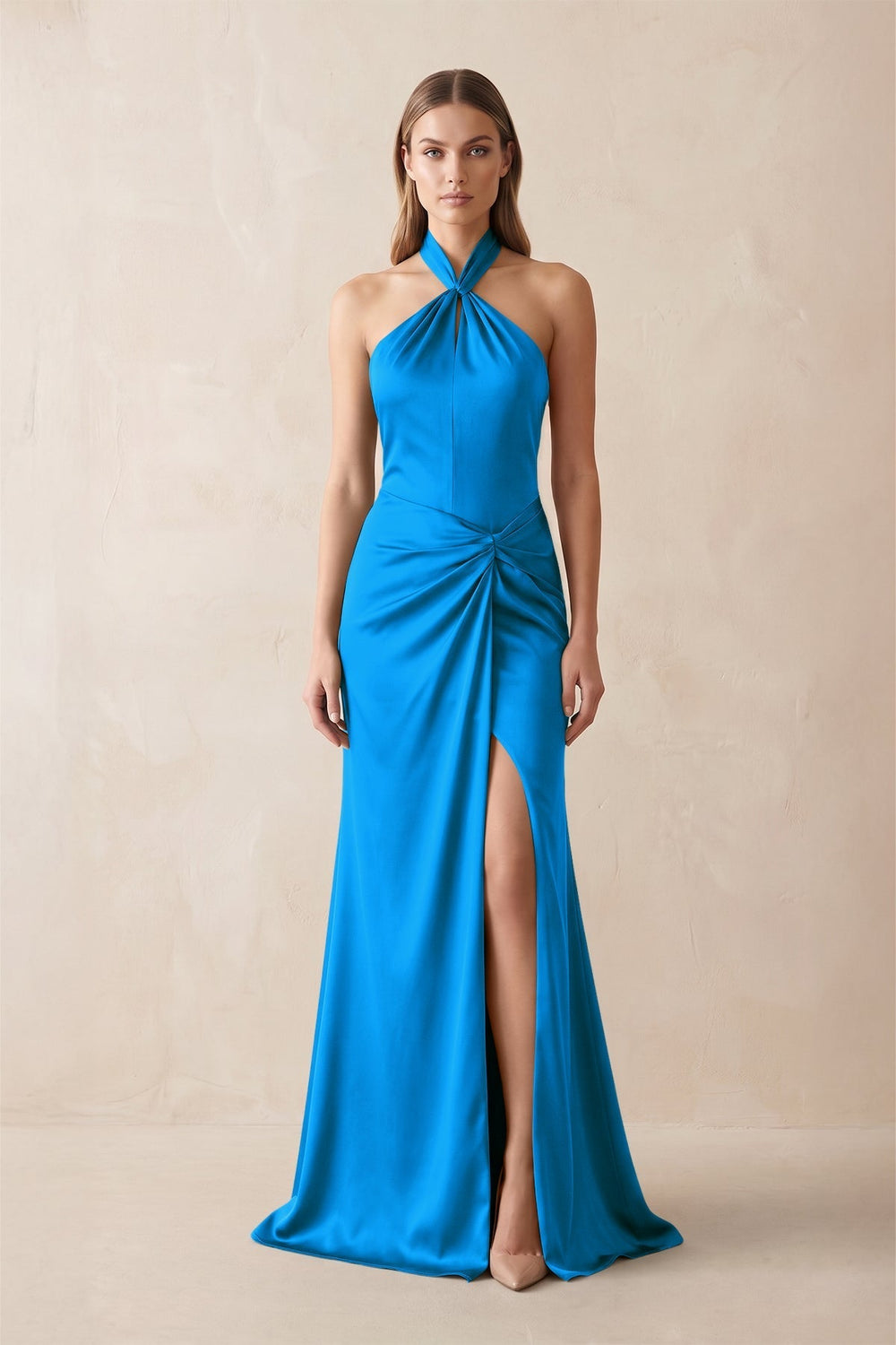 Halter Ruched Sheath Satin Bridesmaid Dress in Blue Jay