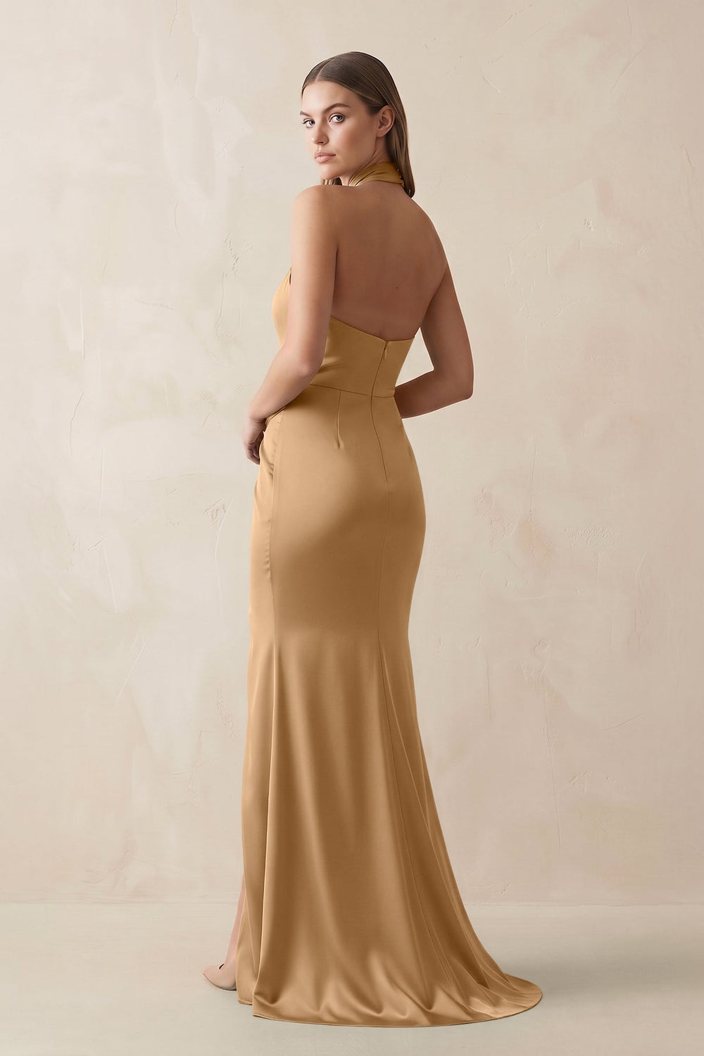 Halter Ruched Sheath Satin Bridesmaid Dress in Bronzer