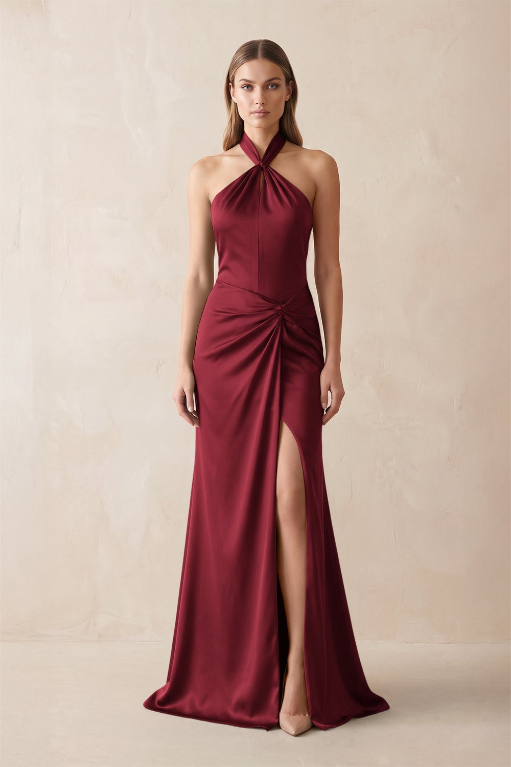 Halter Ruched Sheath Satin Bridesmaid Dress in Burgundy