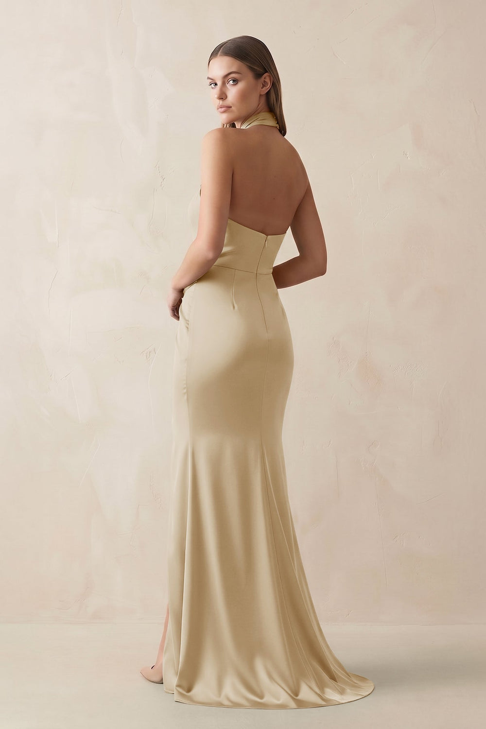 Halter Ruched Sheath Satin Bridesmaid Dress in Champagne
