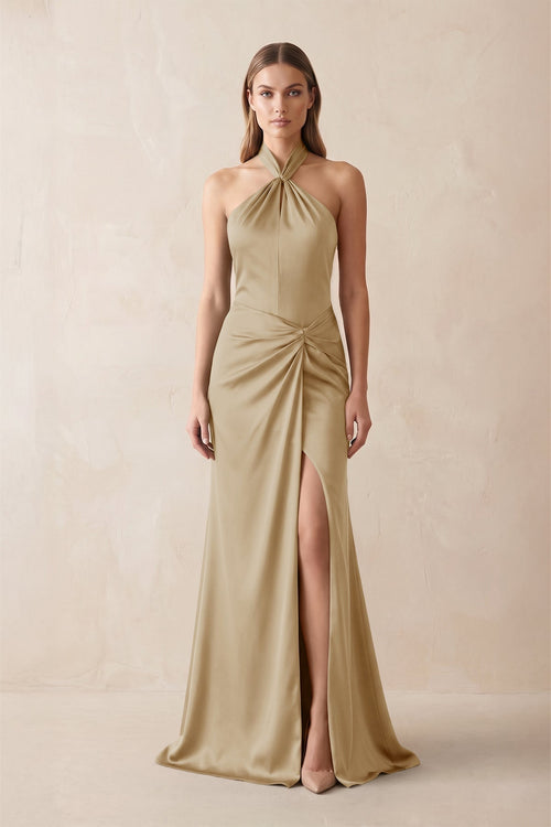 Halter Ruched Sheath Satin Bridesmaid Dress in Champagne - KISS BRIDAL Bridesmaid Dresses