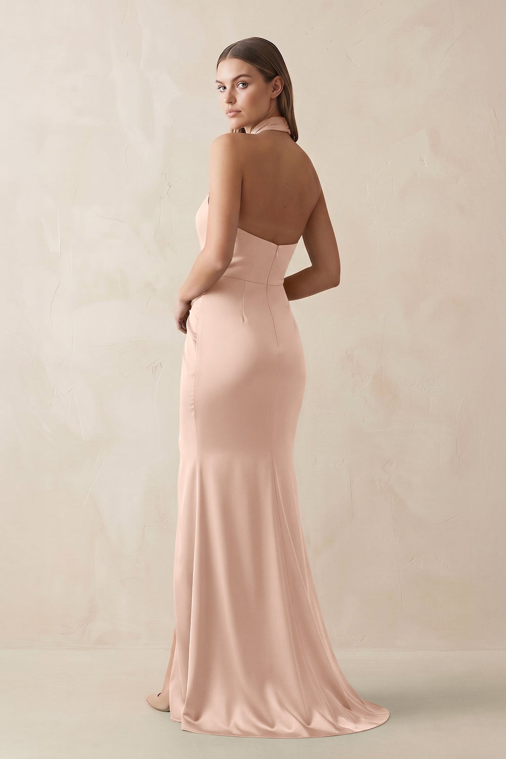 Halter Ruched Sheath Satin Bridesmaid Dress in Champagne Rose