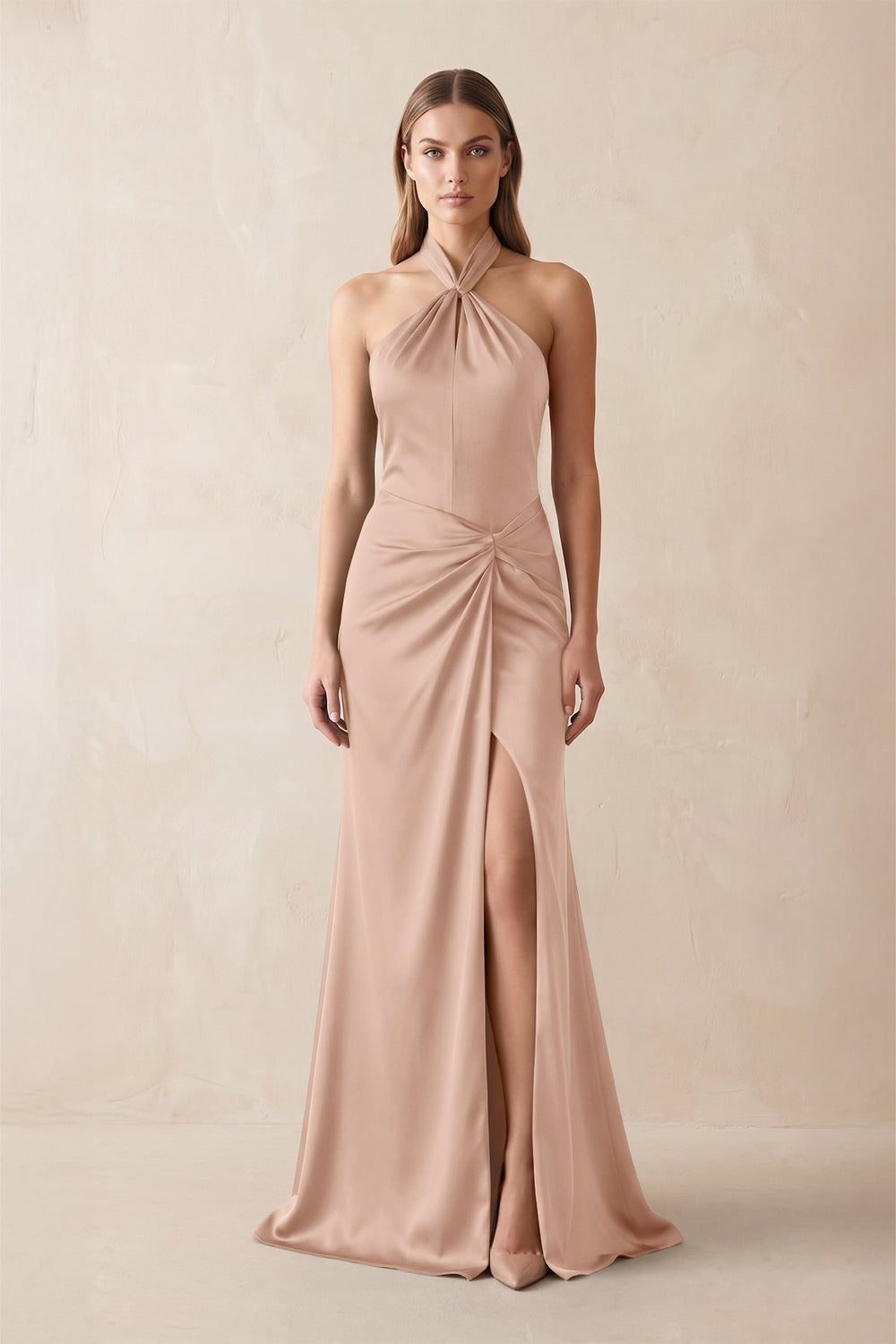 Halter Ruched Sheath Satin Bridesmaid Dress in Champagne Rose