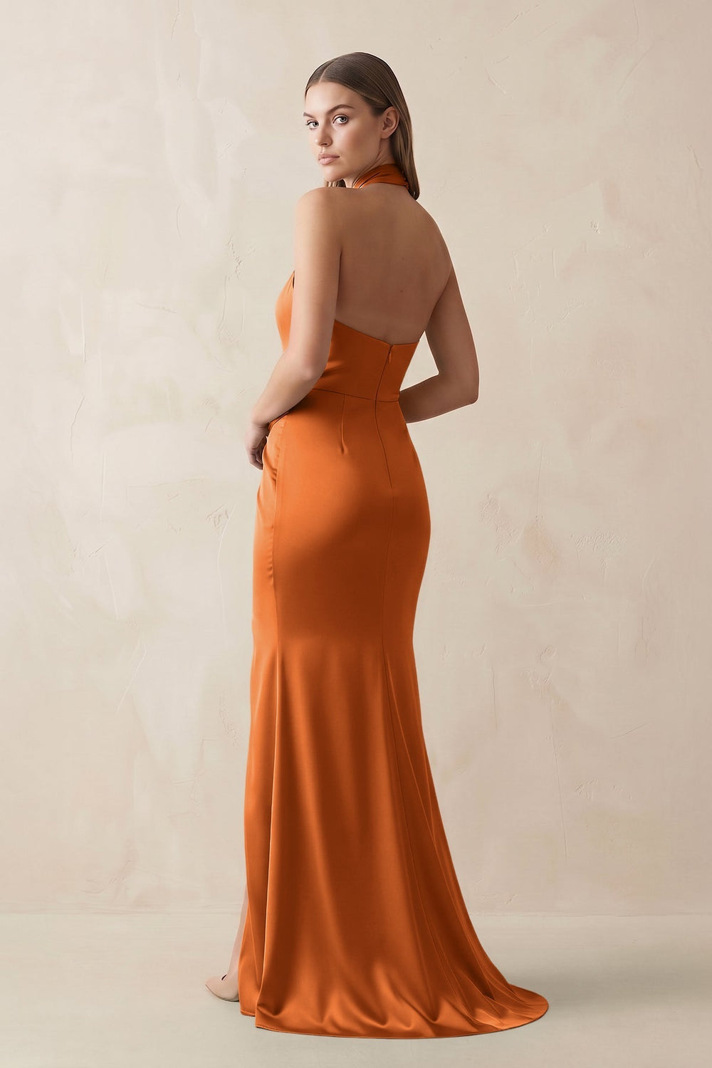 Halter Ruched Sheath Satin Bridesmaid Dress in Cinnamon