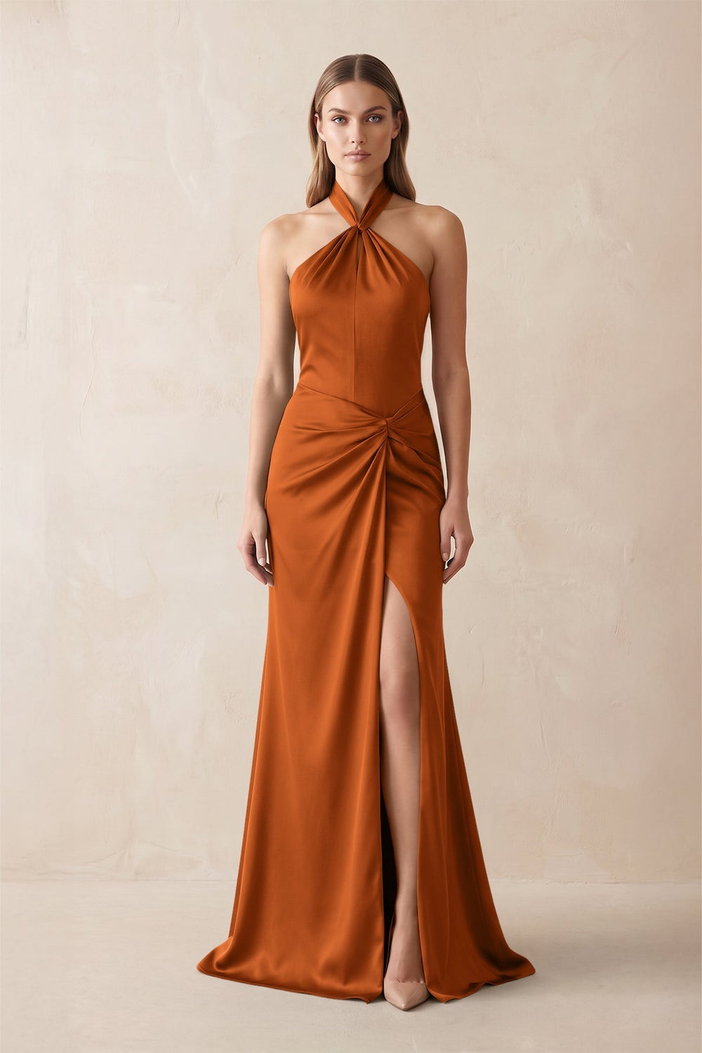 Halter Ruched Sheath Satin Bridesmaid Dress in Cinnamon