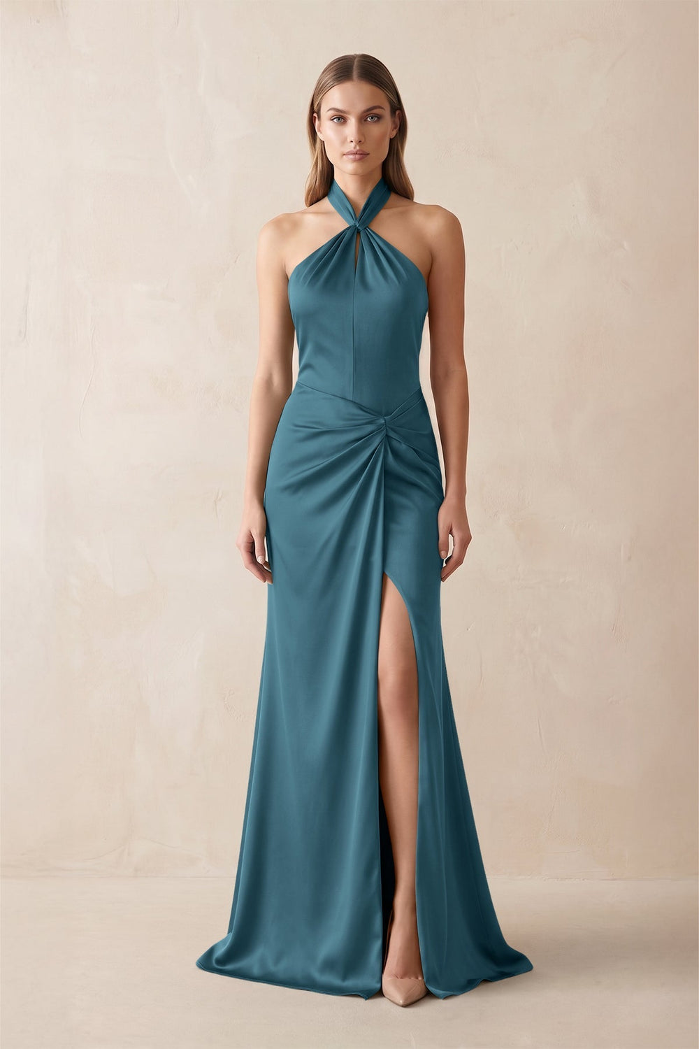 Halter Ruched Sheath Satin Bridesmaid Dress in Dark Teal