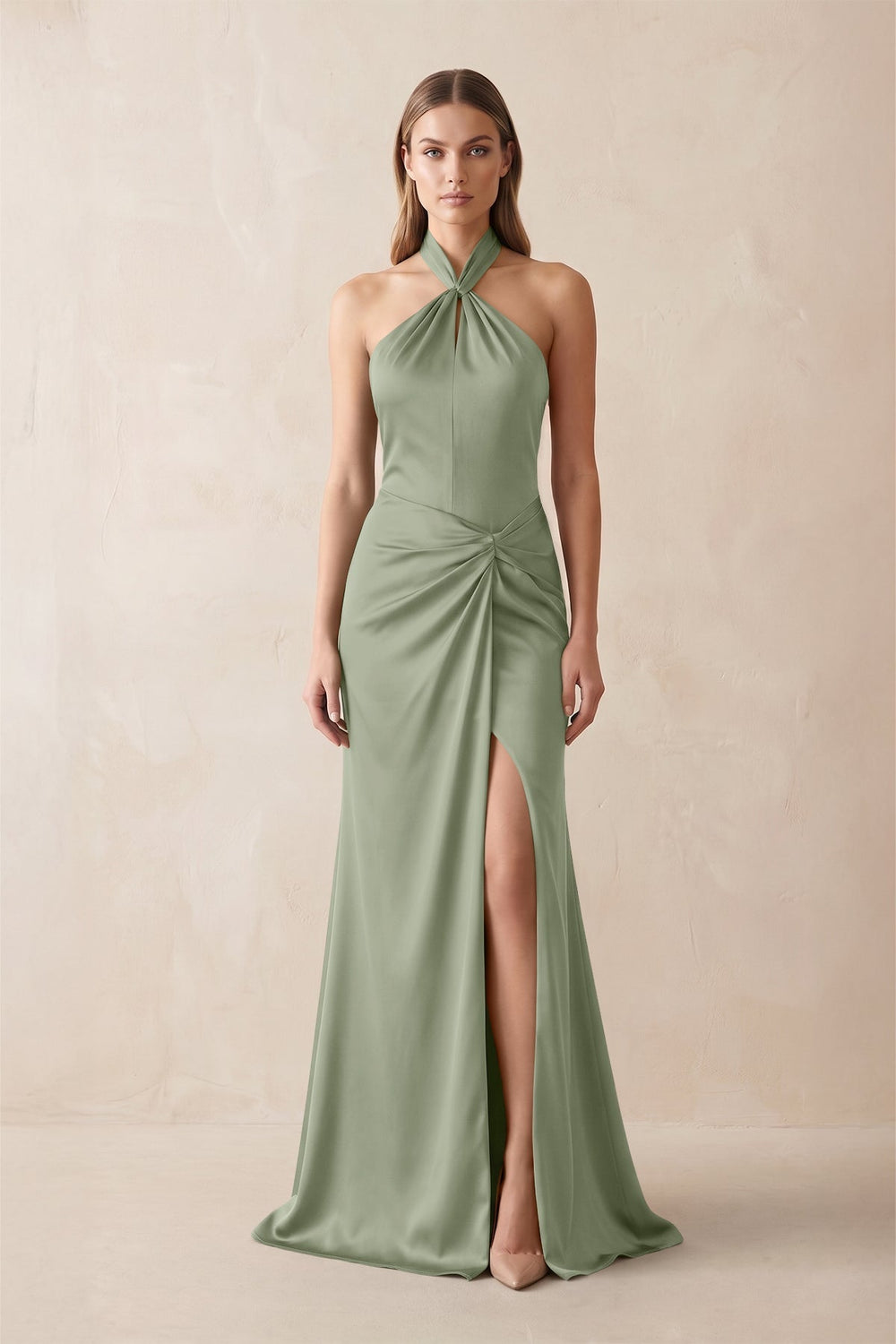 Halter Ruched Sheath Satin Bridesmaid Dress in Dove Gray