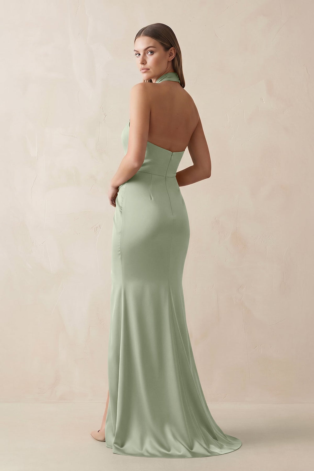 Halter Ruched Sheath Satin Bridesmaid Dress in Dove Gray