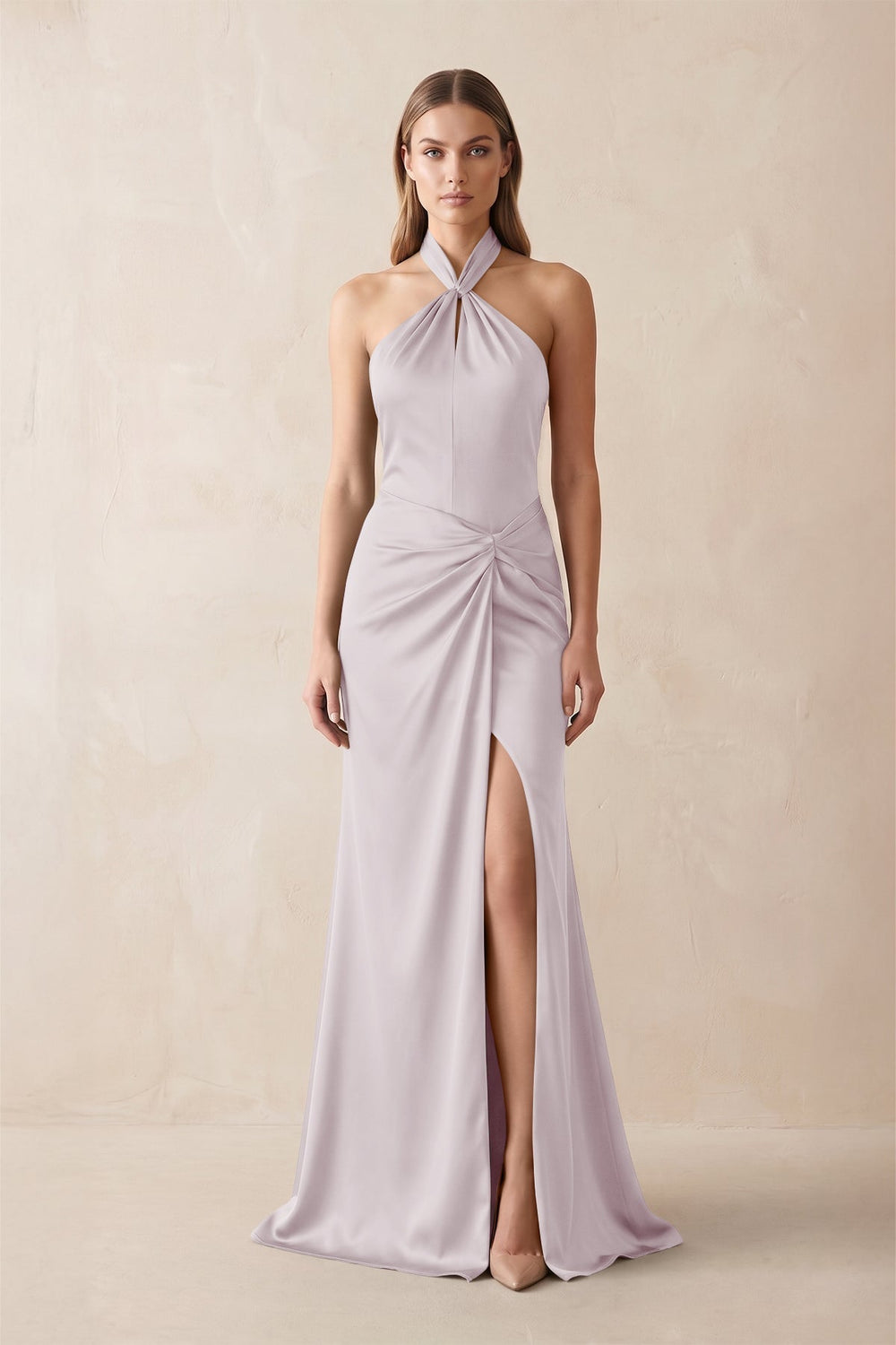 Halter Ruched Sheath Satin Bridesmaid Dress in Dusk