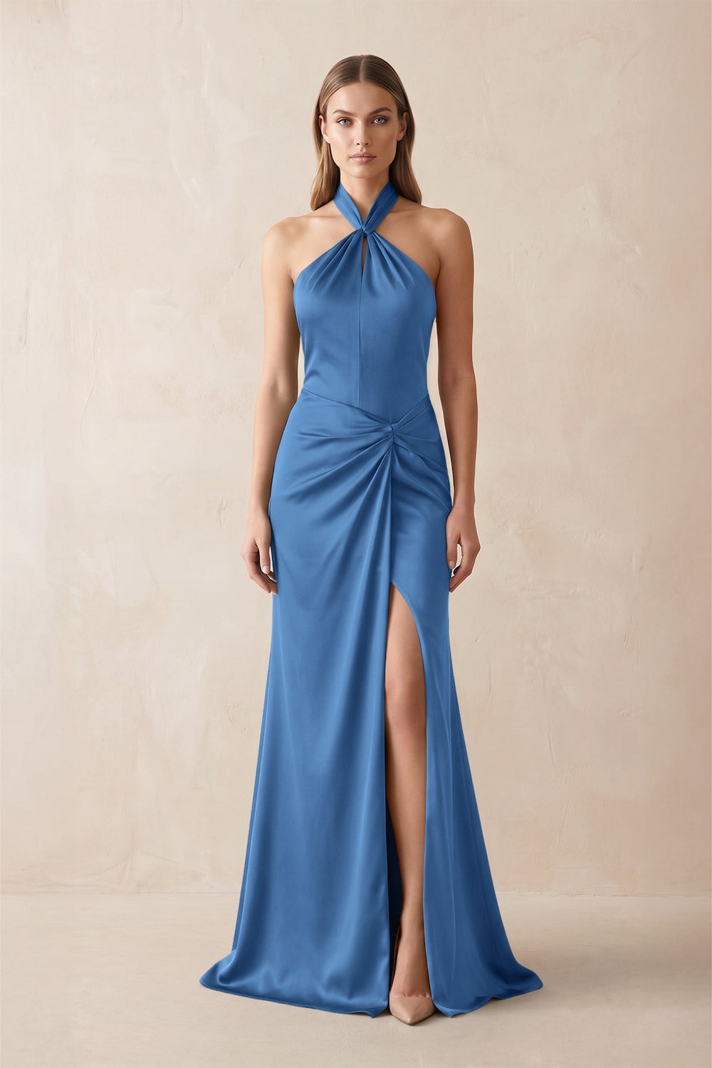 Halter Ruched Sheath Satin Bridesmaid Dress in Dusty Blue