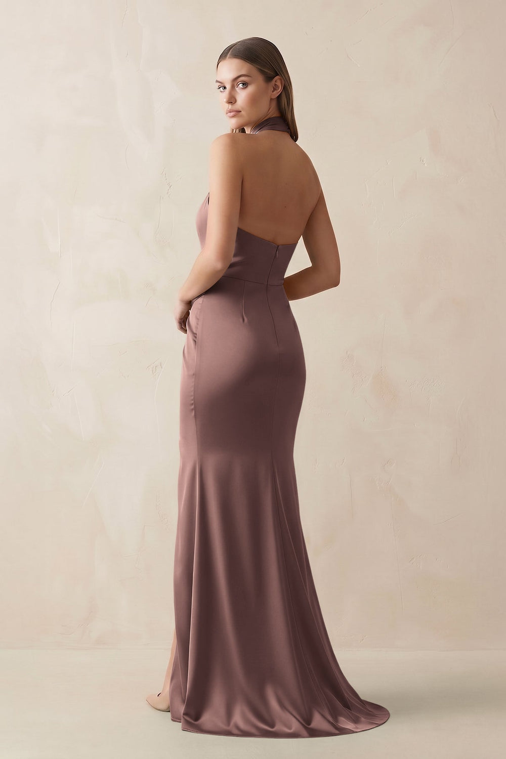 Halter Ruched Sheath Satin Bridesmaid Dress in Espresso