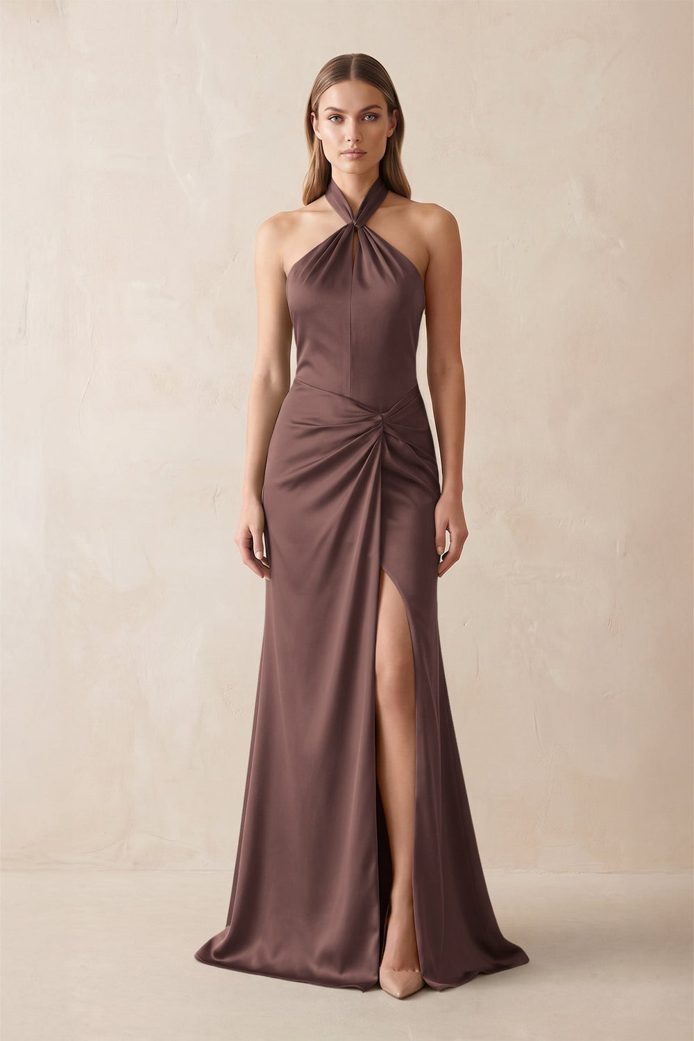 Halter Ruched Sheath Satin Bridesmaid Dress in Espresso