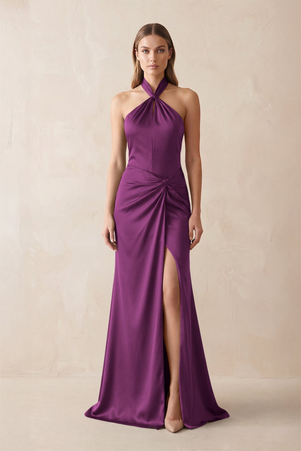 Halter Ruched Sheath Satin Bridesmaid Dress in Fig