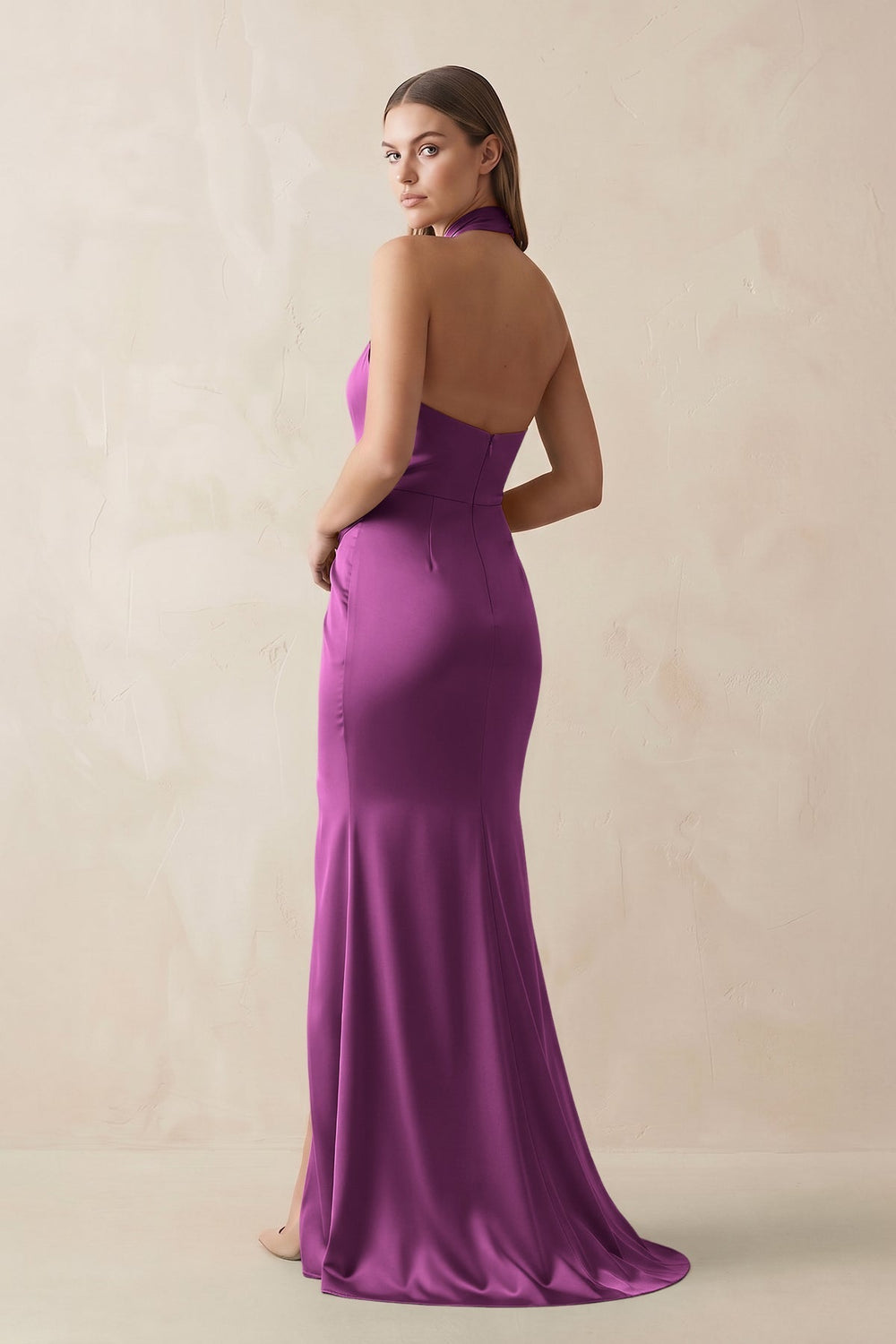 Halter Ruched Sheath Satin Bridesmaid Dress in Fig