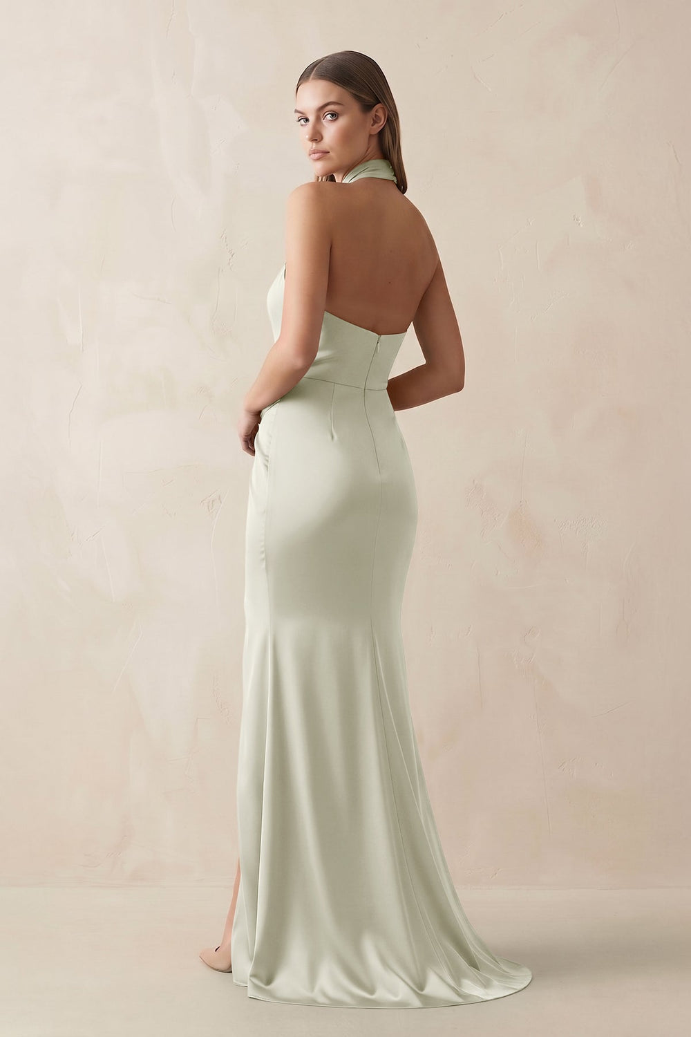 Halter Ruched Sheath Satin Bridesmaid Dress in Frost