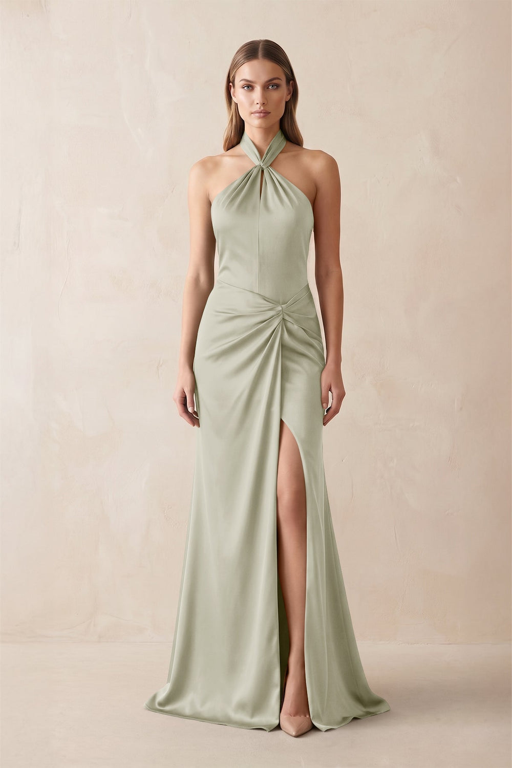 Halter Ruched Sheath Satin Bridesmaid Dress in Frost