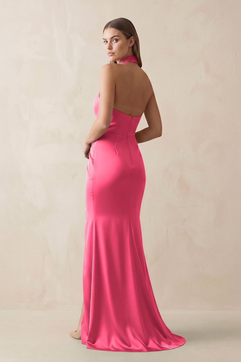 Halter Ruched Sheath Satin Bridesmaid Dress in Fuchsia