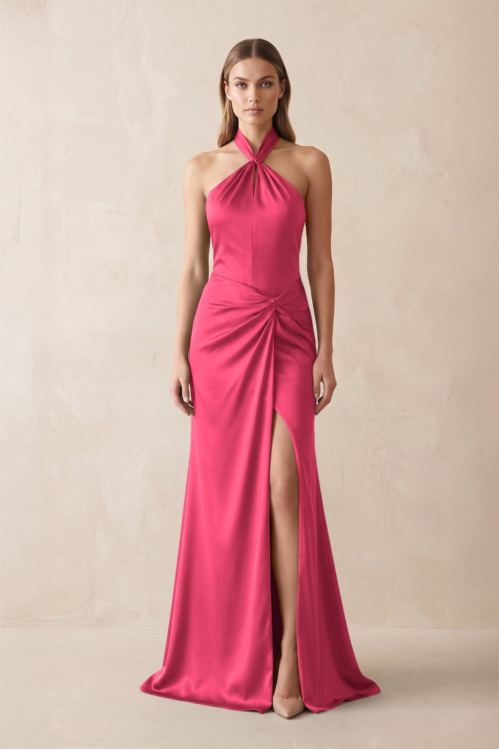 Halter Ruched Sheath Satin Bridesmaid Dress in Fuchsia