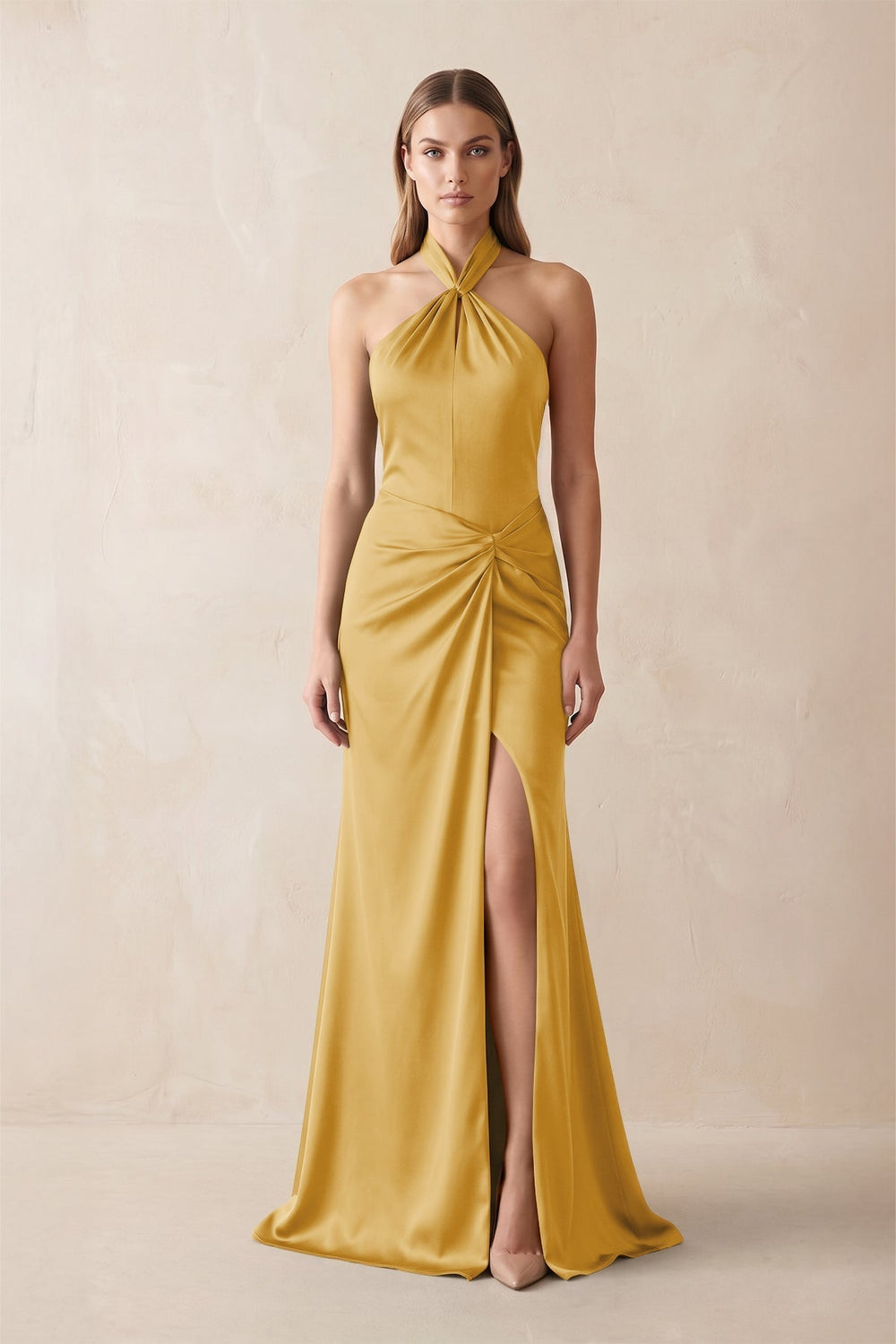 Halter Ruched Sheath Satin Bridesmaid Dress in Gold
