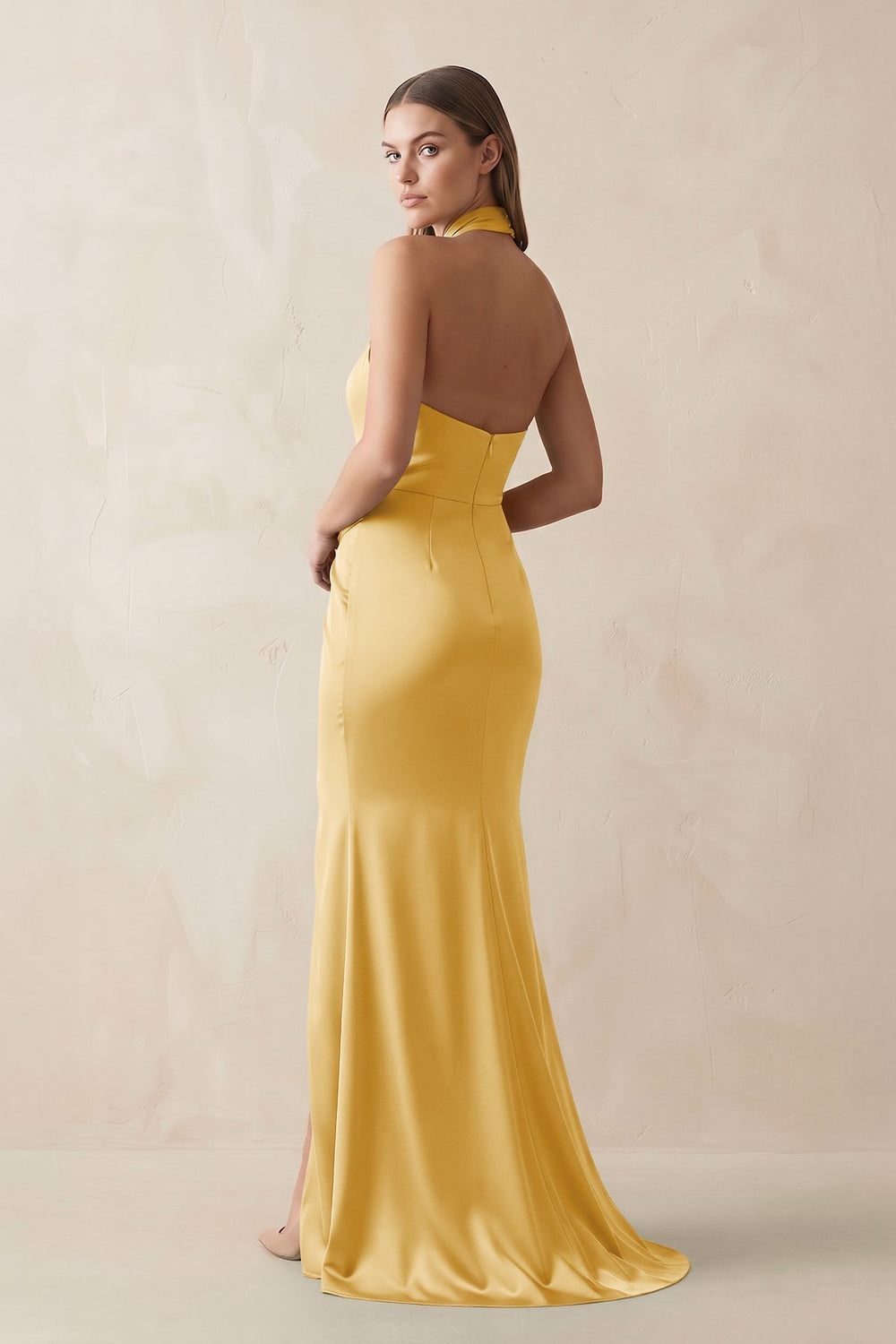 Halter Ruched Sheath Satin Bridesmaid Dress in Gold