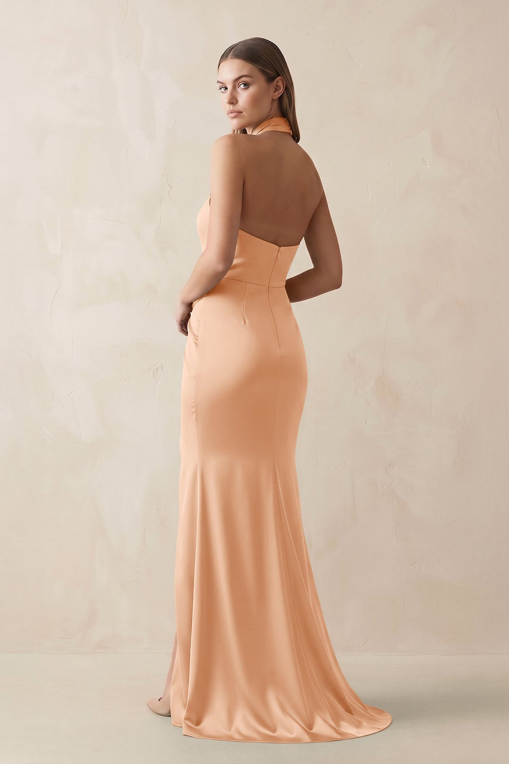 Halter Ruched Sheath Satin Bridesmaid Dress in Golden Champagne