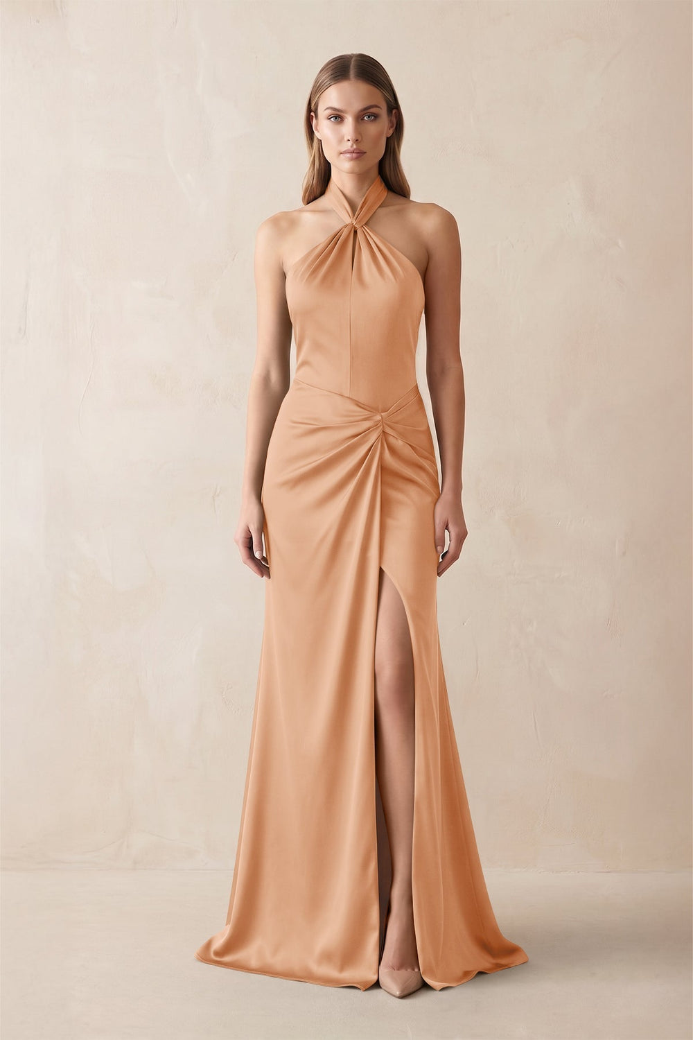 Halter Ruched Sheath Satin Bridesmaid Dress in Golden Champagne