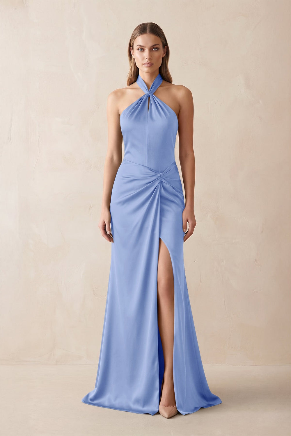 Halter Ruched Sheath Satin Bridesmaid Dress in Ice