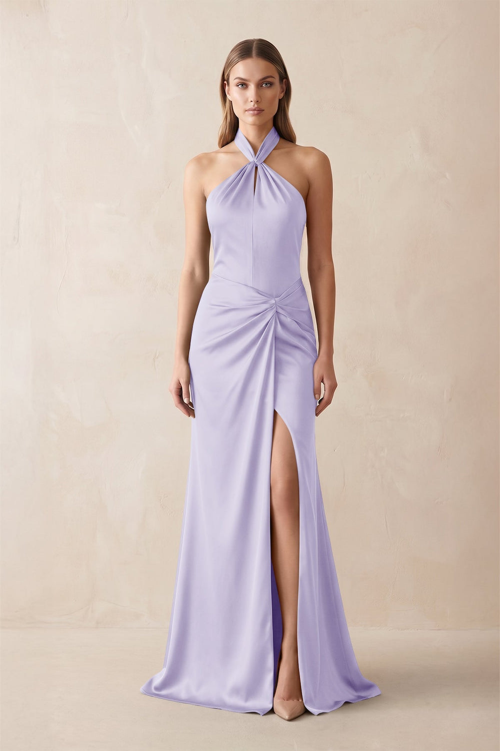 Halter Ruched Sheath Satin Bridesmaid Dress in Lavender