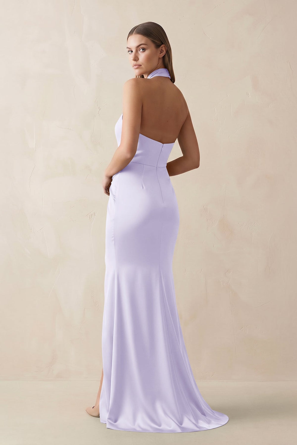 Halter Ruched Sheath Satin Bridesmaid Dress in Lavender