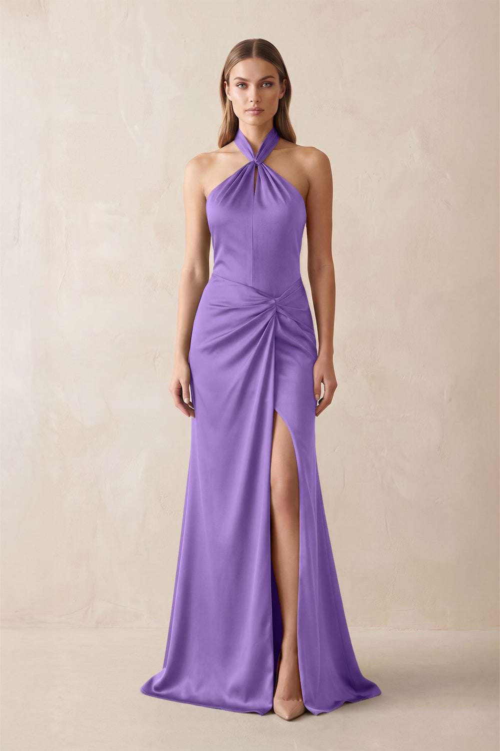 Halter Ruched Sheath Satin Bridesmaid Dress in Lilac