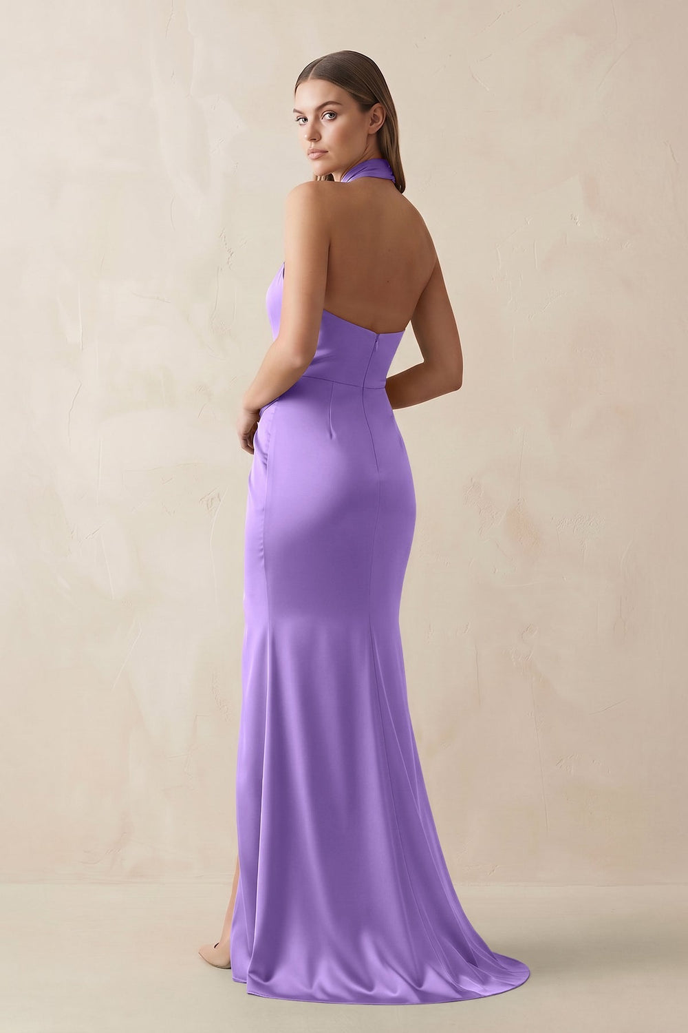 Halter Ruched Sheath Satin Bridesmaid Dress in Lilac