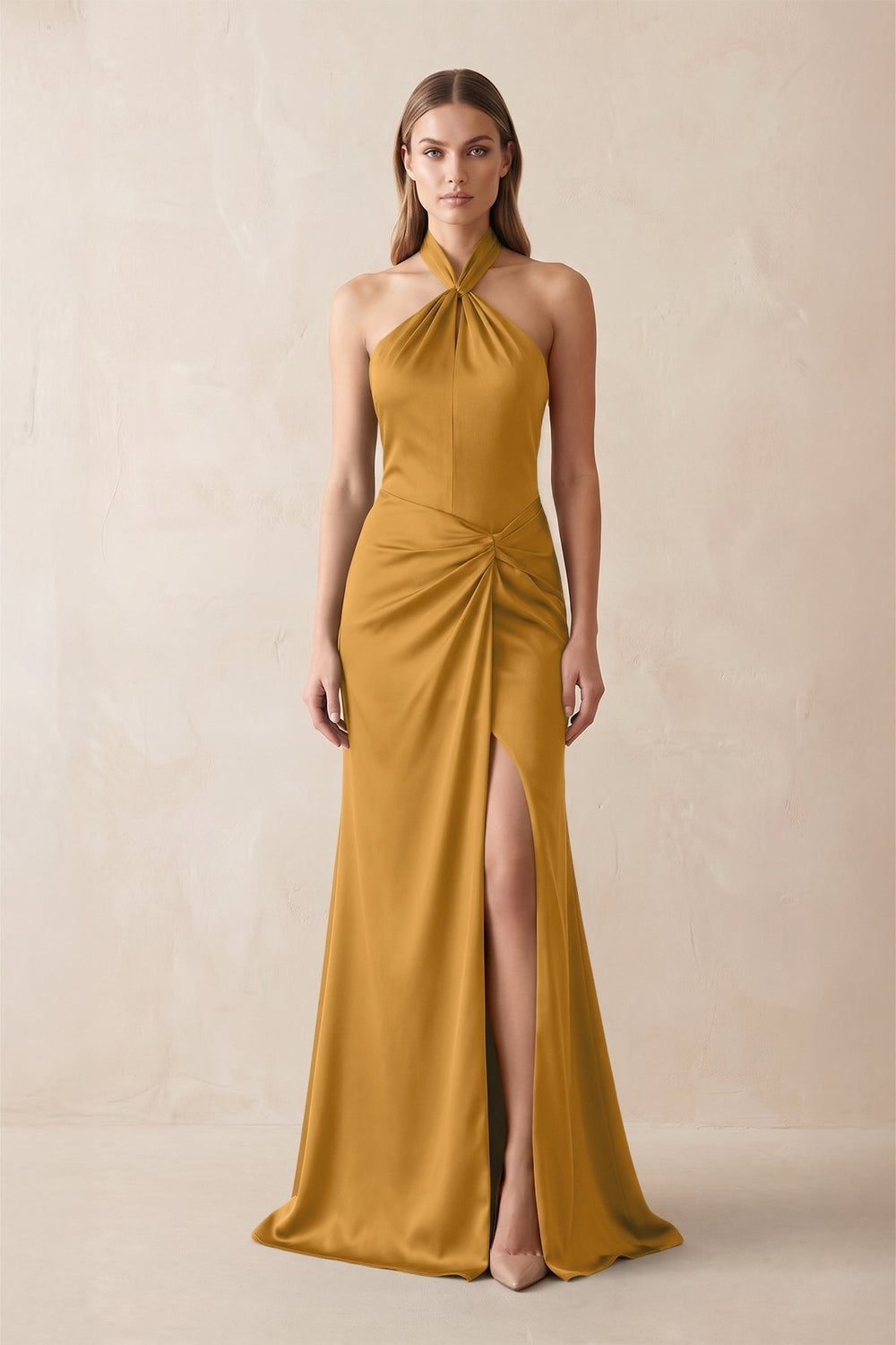 Halter Ruched Sheath Satin Bridesmaid Dress in Marigold