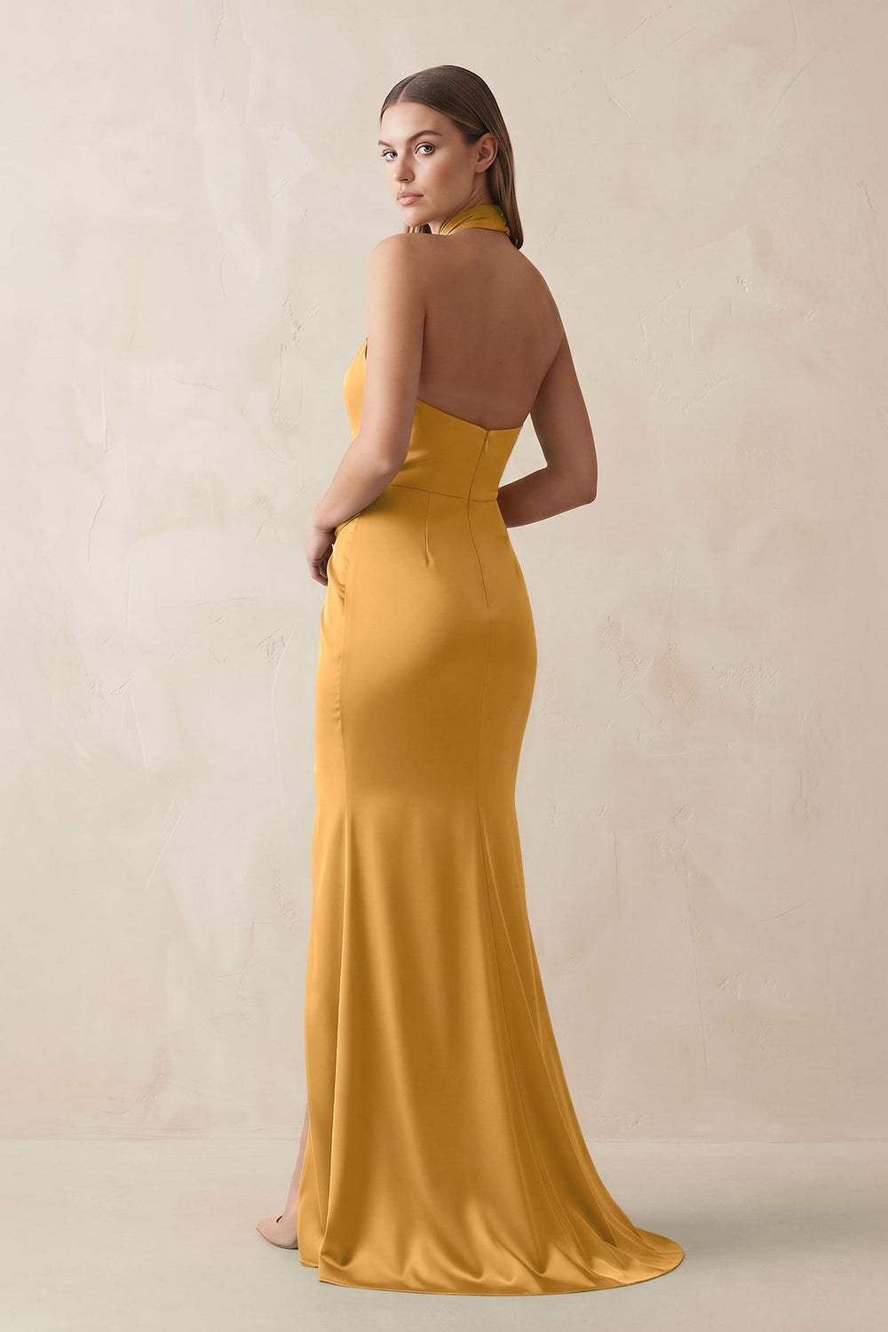 Halter Ruched Sheath Satin Bridesmaid Dress in Marigold