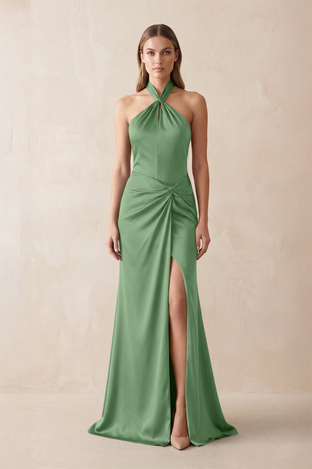 Halter Ruched Sheath Satin Bridesmaid Dress in Matcha