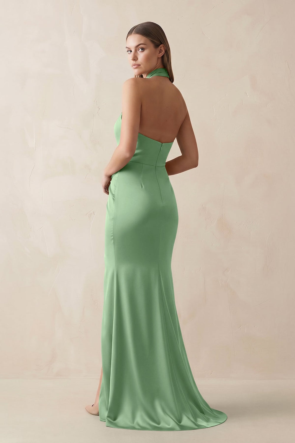 Halter Ruched Sheath Satin Bridesmaid Dress in Matcha