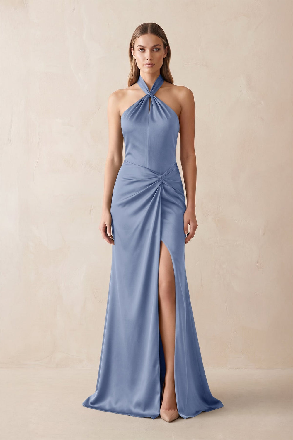 Halter Ruched Sheath Satin Bridesmaid Dress in Mist