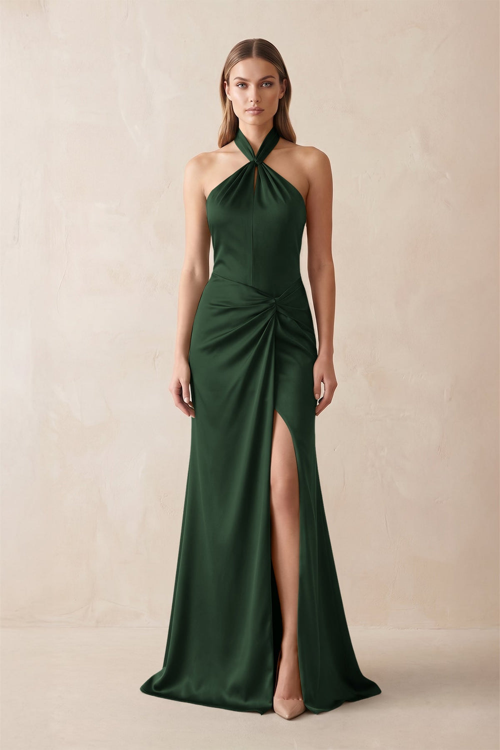 Halter Ruched Sheath Satin Bridesmaid Dress in Moss