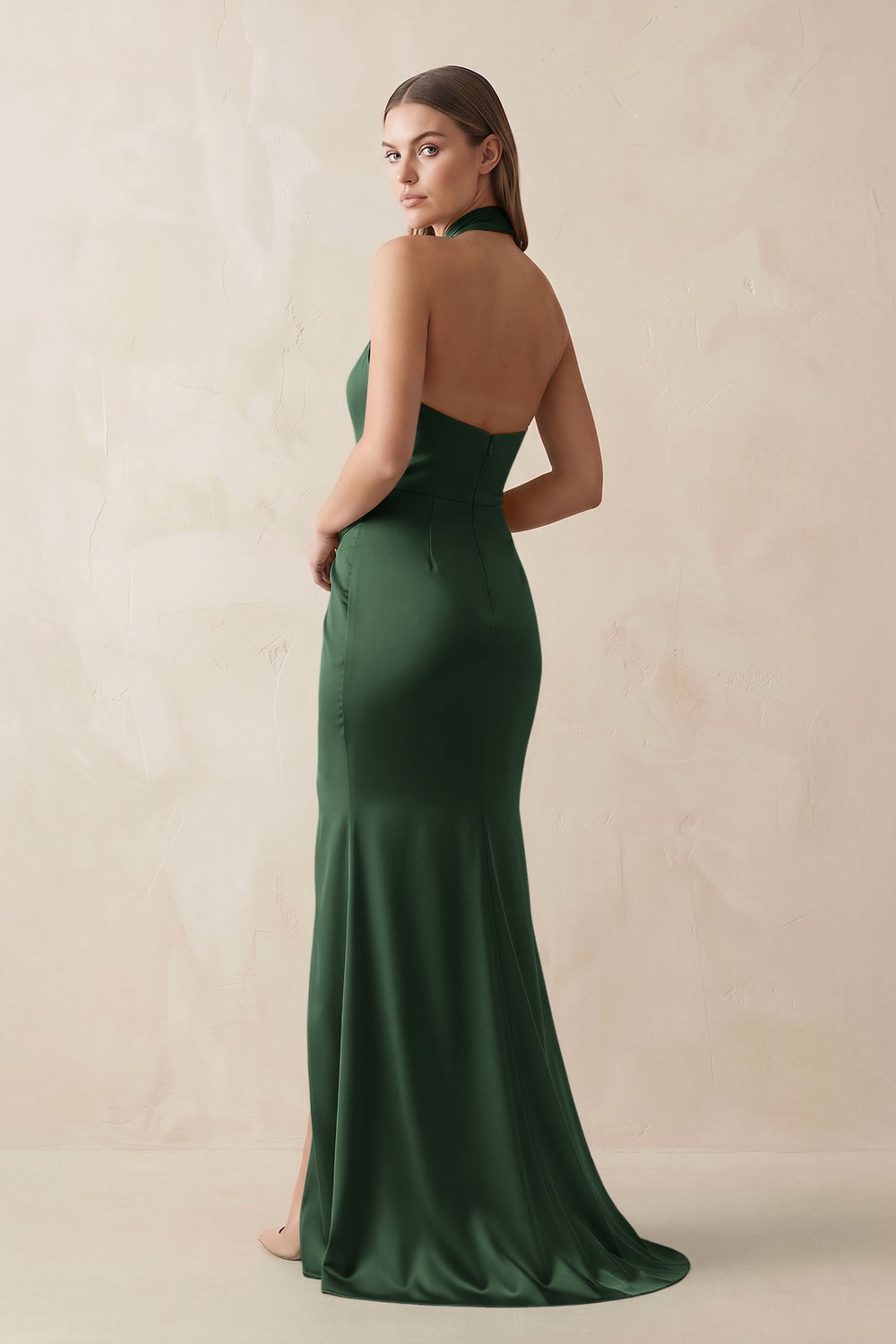 Halter Ruched Sheath Satin Bridesmaid Dress in Moss