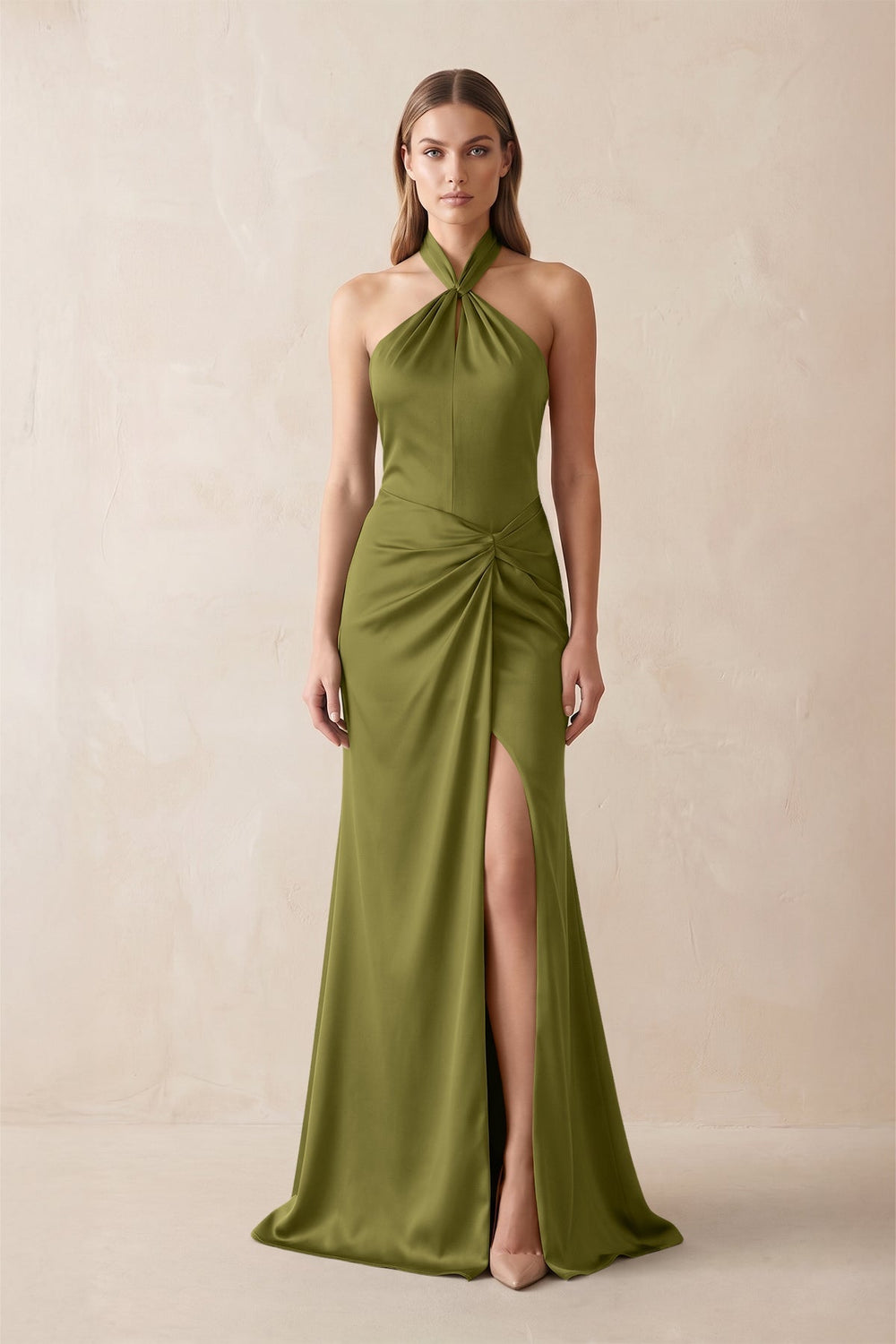 Halter Ruched Sheath Satin Bridesmaid Dress in Moss Green