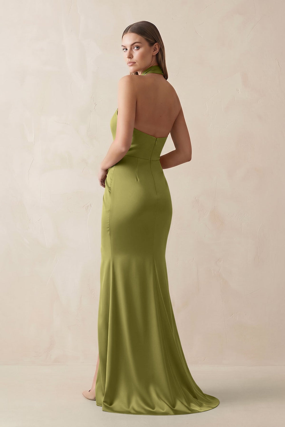 Halter Ruched Sheath Satin Bridesmaid Dress in Moss Green