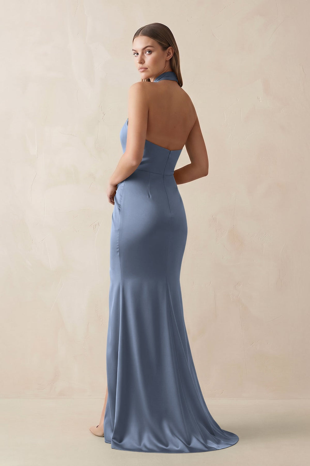 Halter Ruched Sheath Satin Bridesmaid Dress in Neptune