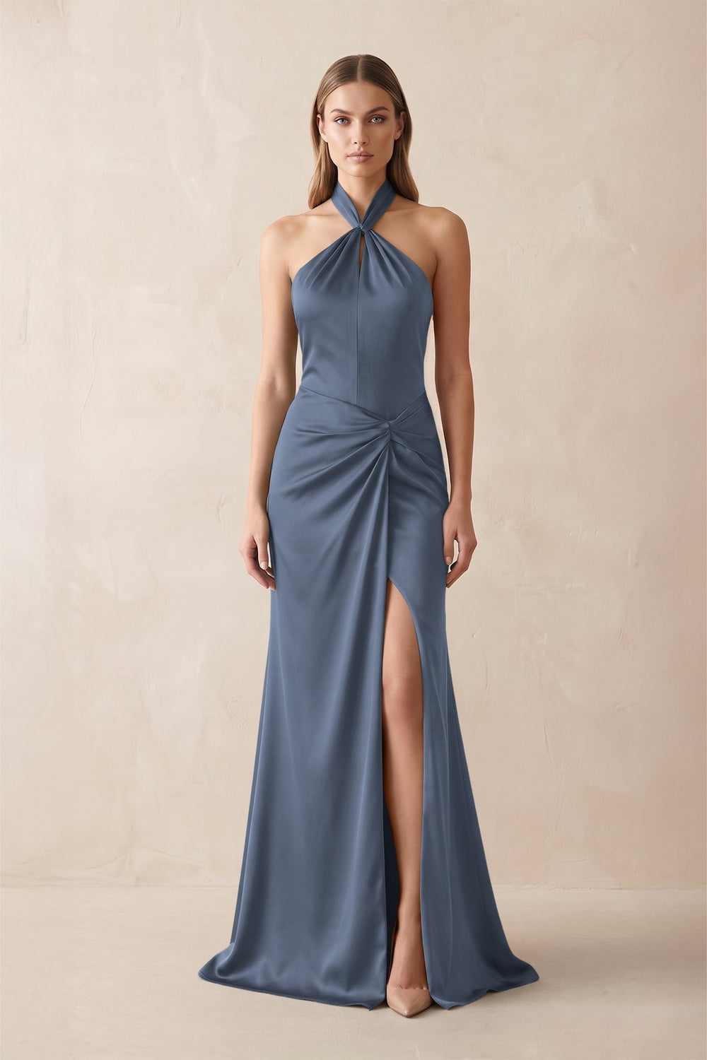 Halter Ruched Sheath Satin Bridesmaid Dress in Neptune