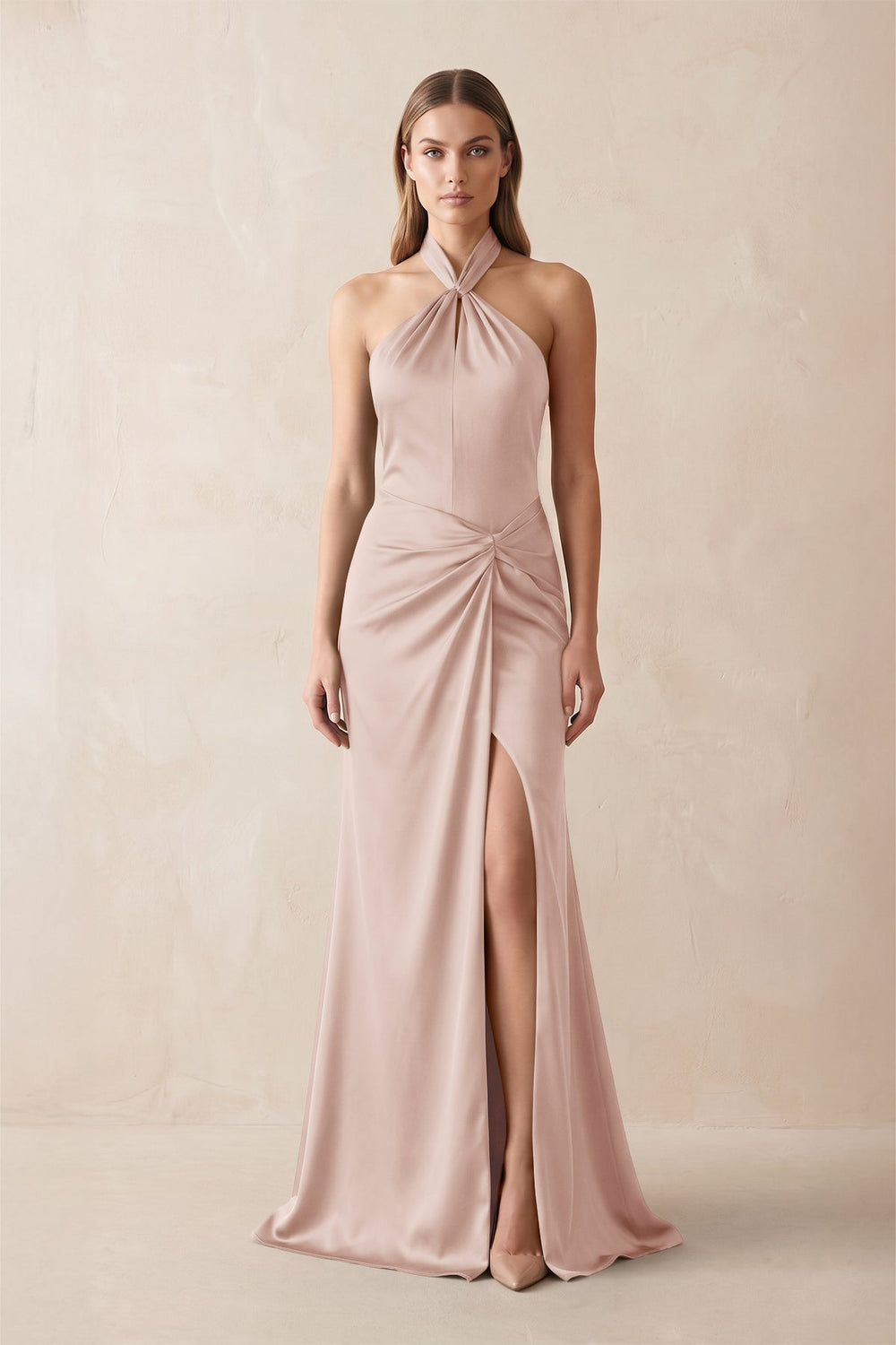 Halter Ruched Sheath Satin Bridesmaid Dress in Pale Blush