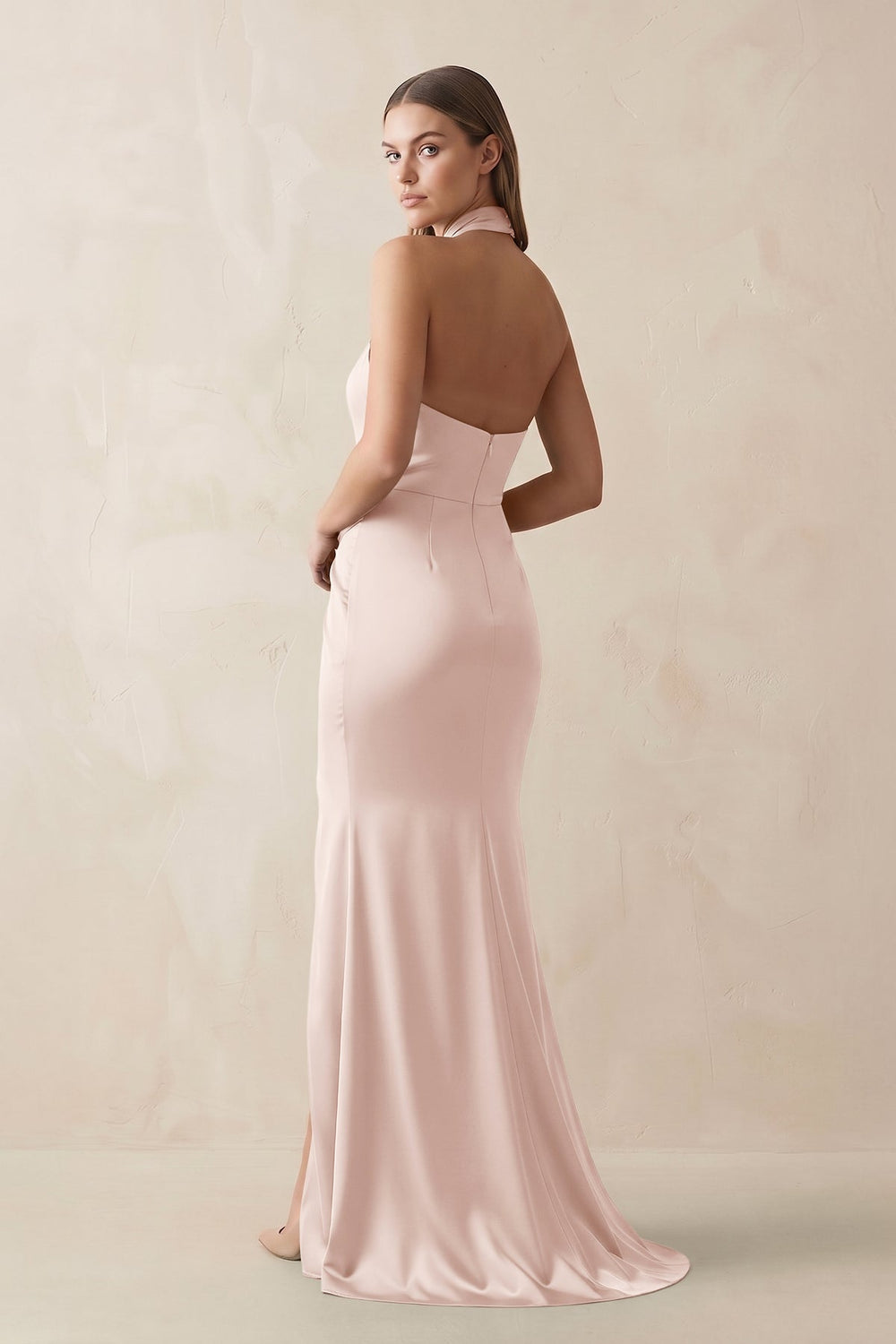 Halter Ruched Sheath Satin Bridesmaid Dress in Pale Blush